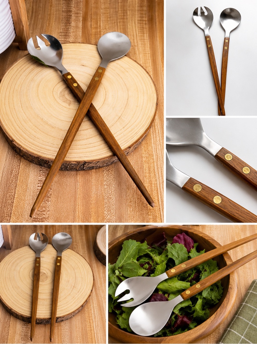 MCM Brown Wood Handle Stainless Steel Salad Servers Set